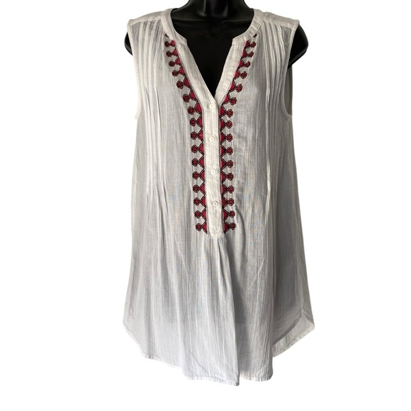 SUNDANCE White Tunic tank top coverup Women M Petite buttons Pleated embroidery - Picture 1 of 7